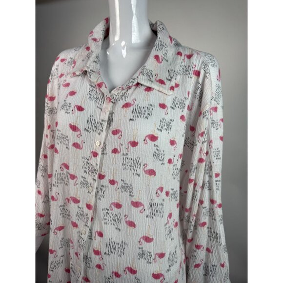 Flamingo Print Button-Up Nightshirt By I. Appel XL Polyester/Spandex Blend Made - Picture 10 of 16